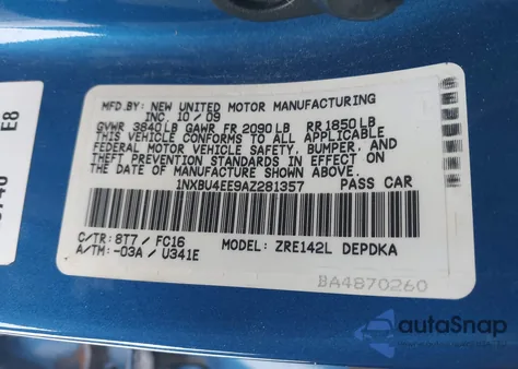 2010 Toyota Corolla Le z USA, uszkodzony, nr VIN 1NXBU4EE9AZ281357